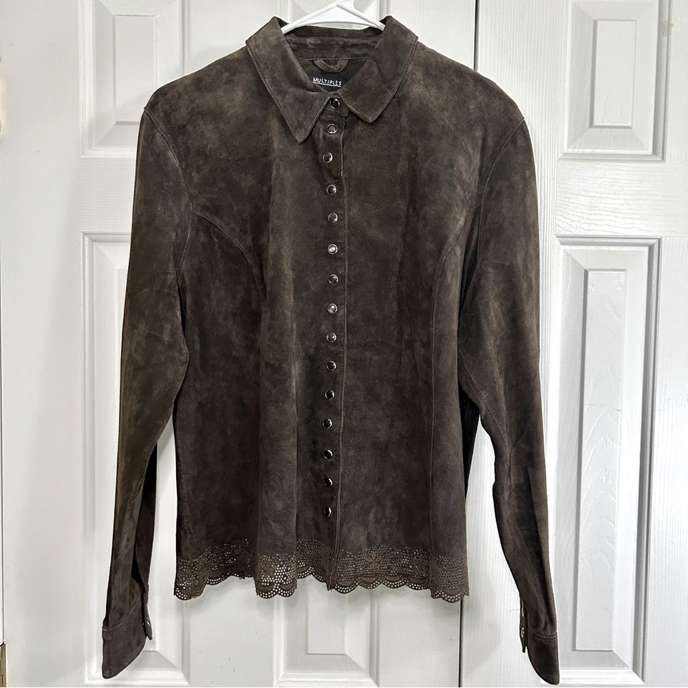 Multiples Suede Leather Brown Snap Front Die Cut Accent Long Sleeve Top Sz L